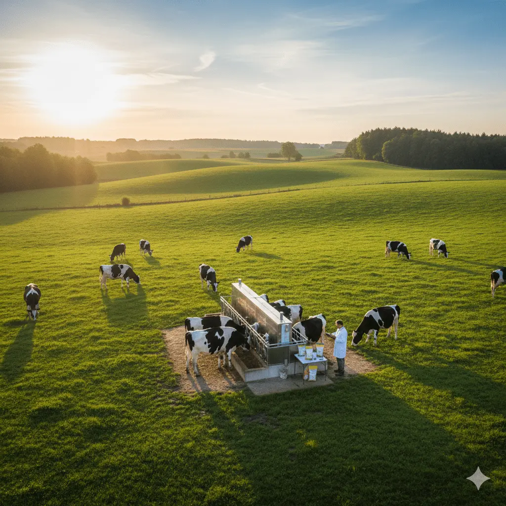 Sustainable livestock farm with healthy cattle grazing in green pastures